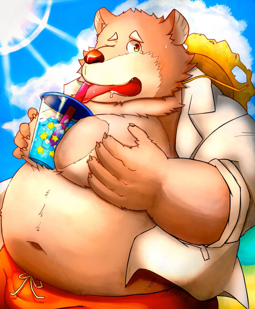 belly bottomwear clothing hands-free_bubble_tea hat headgear headwear hi_res jambavan kaki_no_tane1 male mammal meme musclegut navel nipples one_eye_closed overweight pecs shorts straw_hat swimwear tokyo_afterschool_summoners ursid video_games wink