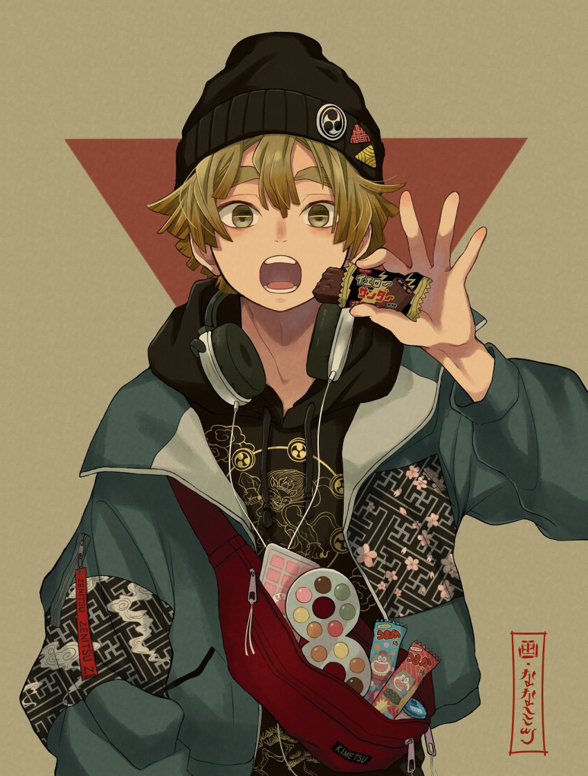 1boy agatsuma_zenitsu artist_name bangs beanie black_shirt blonde_hair blue_coat candy candy_bar character_name coat contemporary drawstring food hat headphones headphones_around_neck highres holding holding_food hood hoodie kimetsu_no_yaiba knapsack looking_at_viewer male_focus mitsudomoe_(shape) nanaminn open_clothes open_coat open_mouth print_coat print_shirt shirt short_hair signature solo standing tomoe_(symbol) yellow_eyes zipper