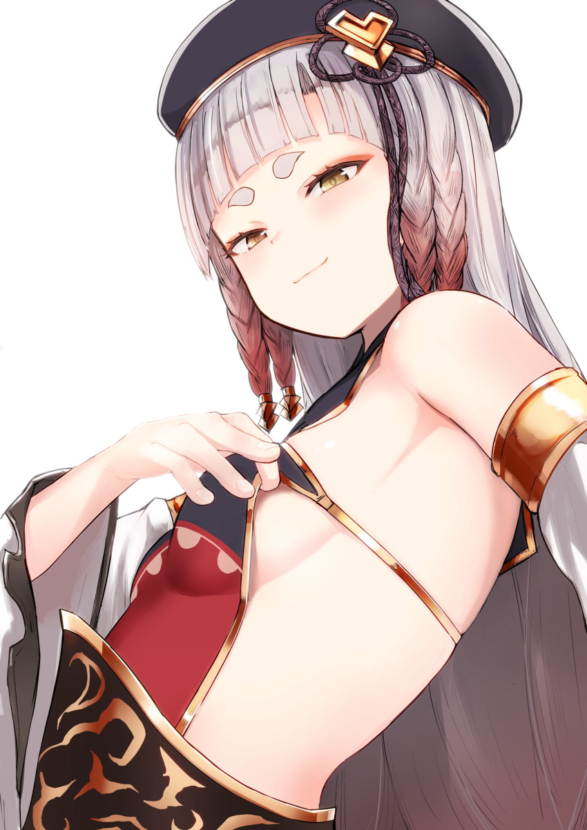 1girl animal_ears backless_outfit bareback beret breasts detached_sleeves erune eyebrows fox_ears fox_tail granblue_fantasy hair_ornament hat highres hikimayu long_hair looking_at_viewer nosuku pholia side_braids sideboob simple_background smile smug solo tail thick_eyebrows