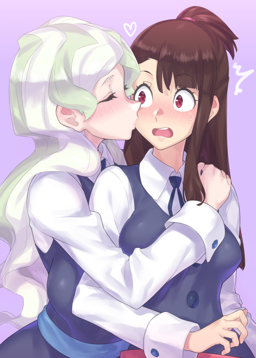 /\/\/\ 2girls blush brown_hair cheek_kiss closed_eyes diana_cavendish eyebrows_visible_through_hair green_hair heart highres kagari_atsuko kiss little_witch_academia long_hair looking_at_another luna_nova_school_uniform mizuumi_(bb) multicolored_hair multiple_girls open_mouth purple_background red_eyes school_uniform simple_background teeth two-tone_hair upper_teeth white_hair yuri