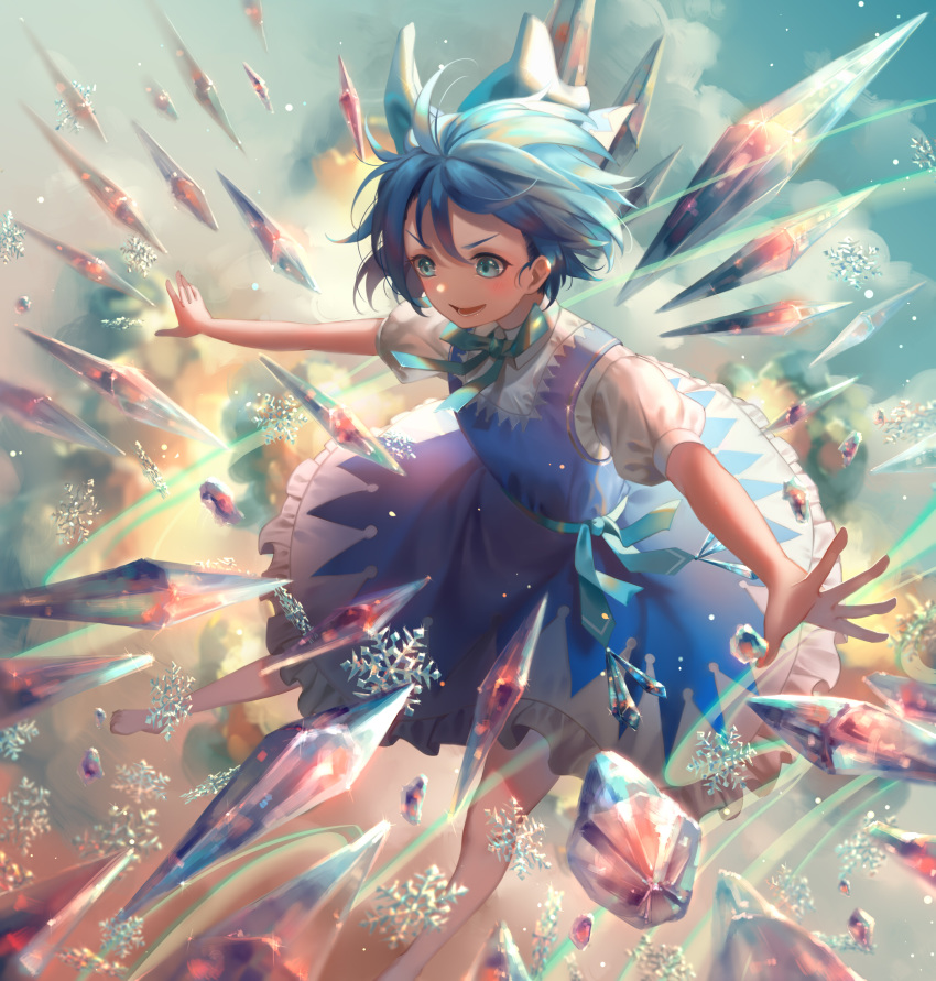 1girl barefoot blue_dress blue_eyes blue_hair blue_ribbon blush bow cirno cloud dress hair_bow highres ice ice_crystal ice_wings outstretched_arms puffy_short_sleeves puffy_sleeves ribbon short_hair short_sleeves sky snowflakes solo touhou wings ze_xia