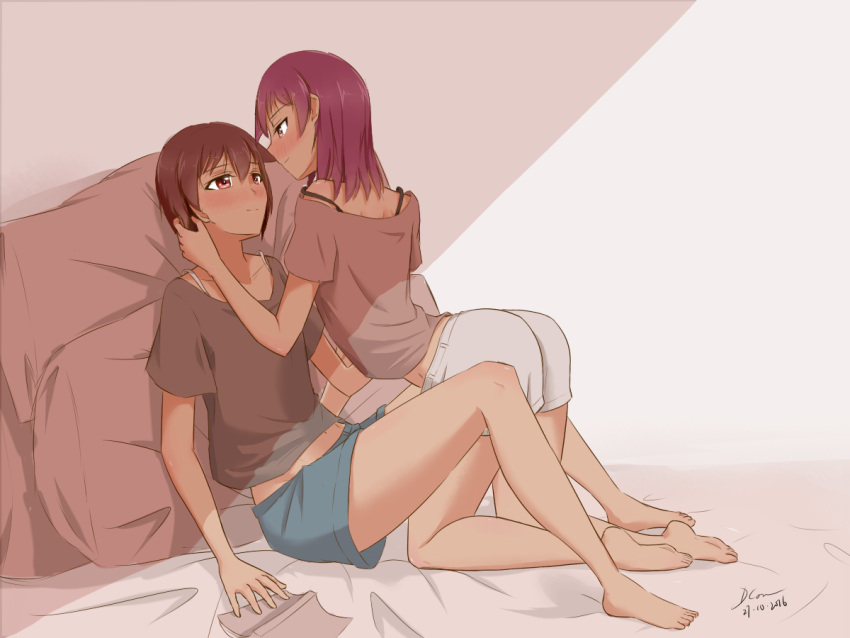 2girls artist_name bed bed_sheet bedroom blush book bra_strap brown_hair commentary_request dated dconan_owo eye_contact hair_flaps incest indoors kneeling looking_at_another medium_hair miyanaga_saki miyanaga_teru multiple_girls navel pillow red_eyes red_hair saki shadow shirt short_hair shorts siblings sisters sitting t-shirt yuri