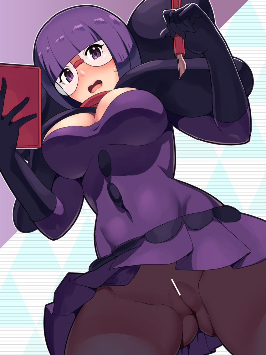 1girl ass_visible_through_thighs bangs bar_censor blunt_bangs blush boris_(noborhys) breasts censored cleavage covered_navel dress elite_four from_below glasses gloves highres holding looking_at_viewer no_panties open_mouth pantyhose pen pokemon pokemon_(game) pokemon_masters purple_dress purple_eyes purple_gloves purple_hair pussy shikimi_(pokemon) short_hair solo sweatdrop