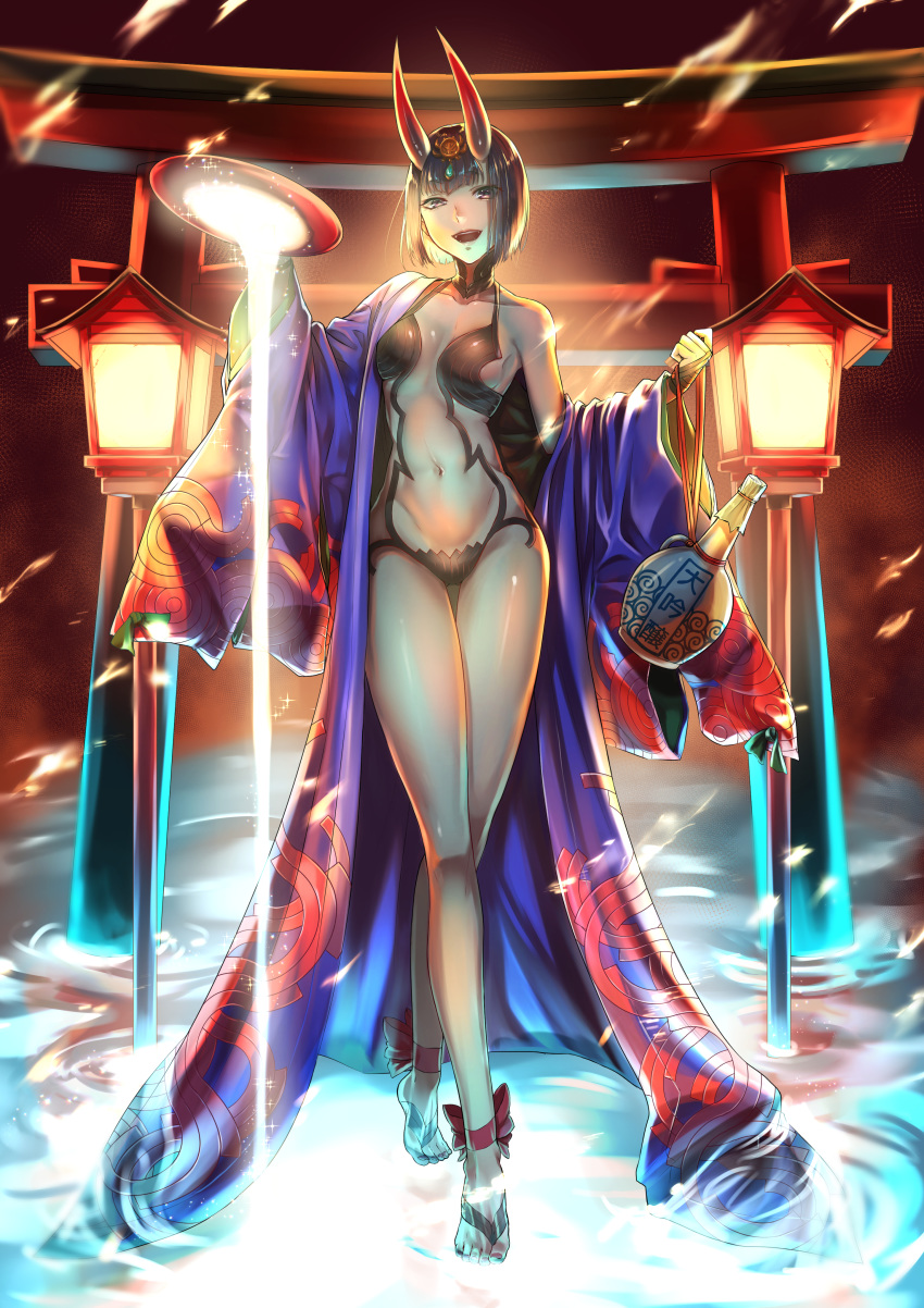 1girl absurdres ankle_ribbon backlighting bangs bare_shoulders barefoot_sandals bob_cut breasts collarbone cup eyeliner fate/grand_order fate_(series) feet full_body headpiece highres horns japanese_clothes jar kimono lamp legs long_sleeves looking_at_viewer makeup navel oni oni_horns open_clothes open_kimono open_mouth pouring purple_eyes purple_hair purple_kimono raito_(latek) revealing_clothes ribbon sakazuki short_eyebrows short_hair shuten_douji_(fate/grand_order) small_breasts smile solo standing standing_on_liquid torii wide_sleeves