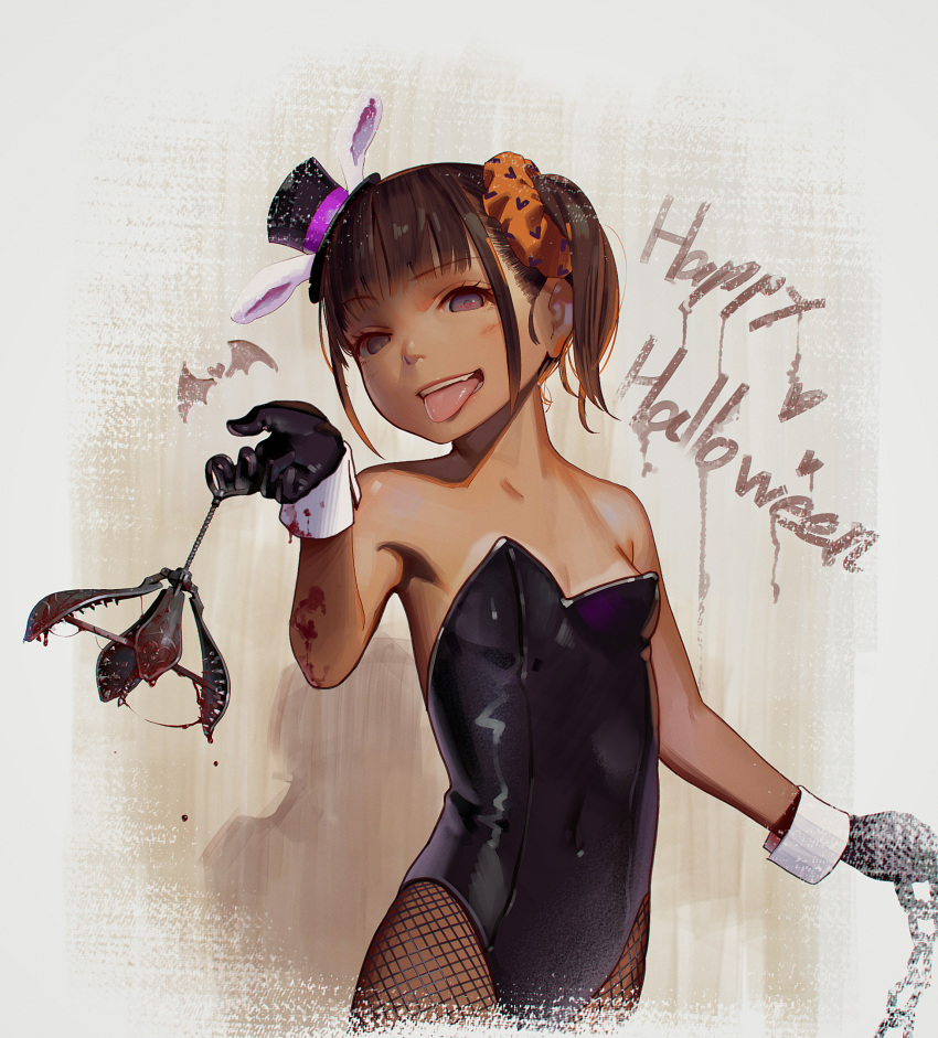 1girl animal_ears bangs bare_shoulders bat black_gloves black_headwear black_leotard blood blunt_bangs blush breasts bunny_ears chain collarbone commentary_request covered_navel eyebrows_visible_through_hair fake_animal_ears fishnet_legwear fishnets gloves hair_ornament hair_scrunchie happy_halloween hat heart highres holding kagamine-ikka leotard looking_at_viewer mini_hat mini_top_hat original pantyhose parted_lips pear_of_anguish purple_eyes scrunchie short_hair side_ponytail small_breasts solo spikes strapless strapless_leotard tan tanline tongue tongue_out top_hat upper_body wrist_cuffs