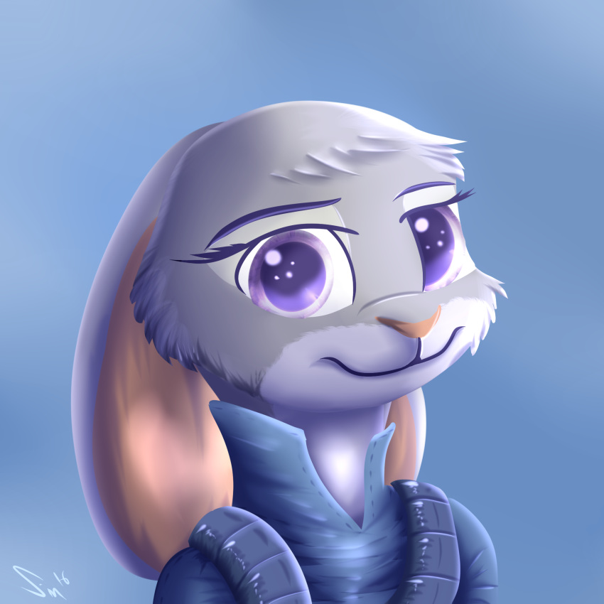 1:1 2016 ambiguous_gender anthro blue_background cheek_tuft clothed clothing disney ears_down face_tuft fur grey_body grey_fur head_tuft hi_res judy_hopps lagomorph leporid light lighting mammal pink_nose pivoted_ears purple_eyes rabbit simple_background sintakhra smile solo tuft zootopia