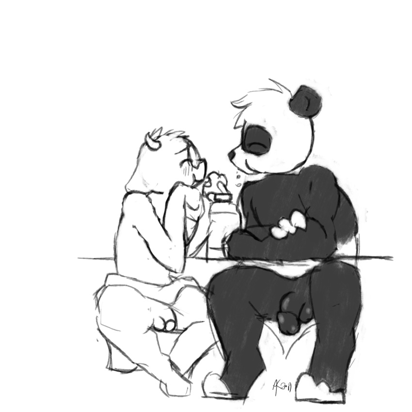 1:1 akferal anthro big_dom_small_sub bovid caprine eating giant_panda goat hi_res hiji invalid_tag male male/male mammal penis size_difference small_sub tony_k towel under_table ursid