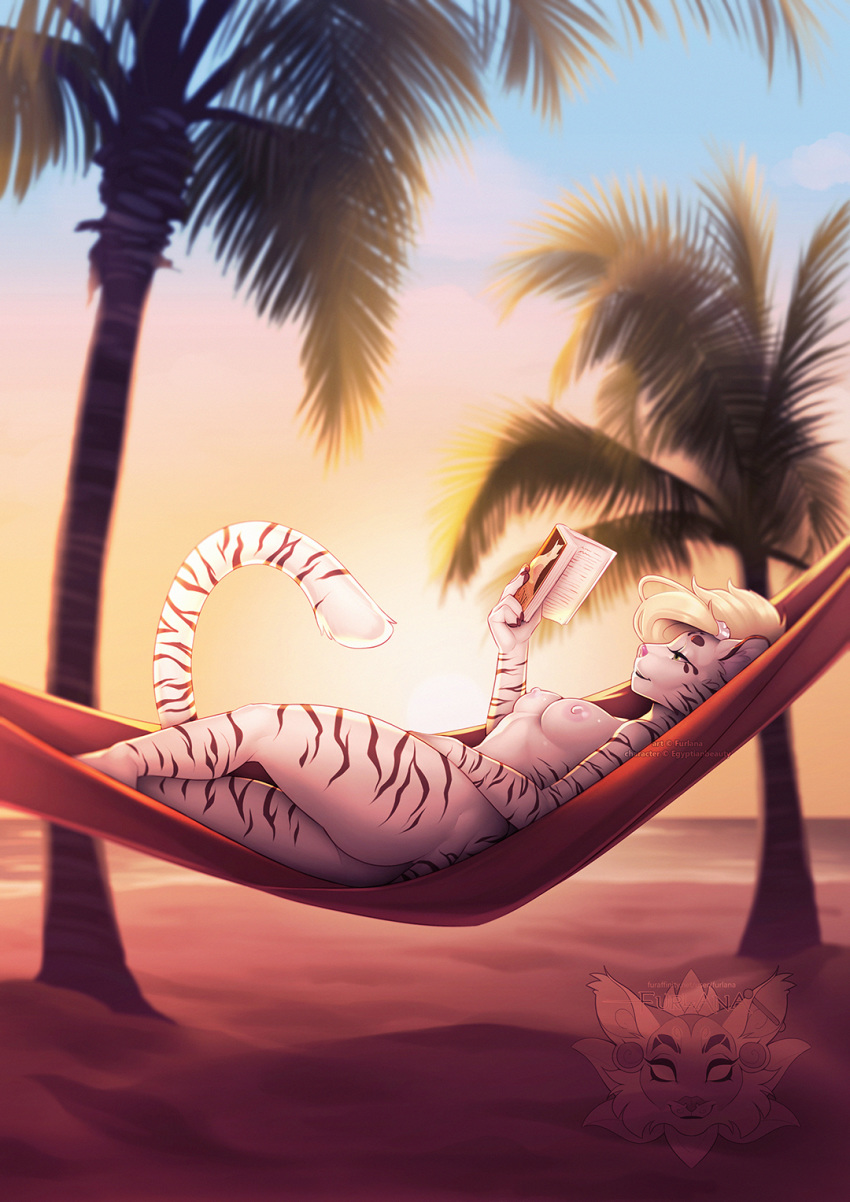 2019 anthro areola beach blonde_hair book breasts butt dune esther(egyptianbeauty) felid feline female fur furlana green_eyes hair hammock hi_res invalid_tag lying mammal nipples nude outside palmtree pantherine relaxing sand seaside siberian_tiger solo stripes summer tiger tree white_body white_hair