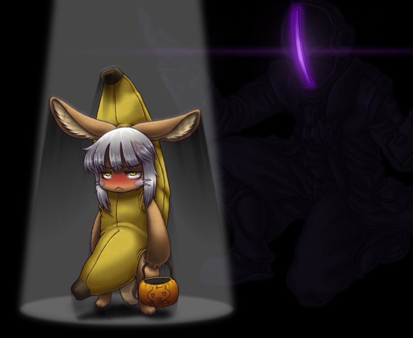 1boy 1girl angry animal_ears banana blush bondrewd bune_poster eyebrows_visible_through_hair food fruit furry halloween halloween_basket halloween_costume highres made_in_abyss md5_mismatch nanachi_(made_in_abyss) spotlight white_hair yellow_eyes