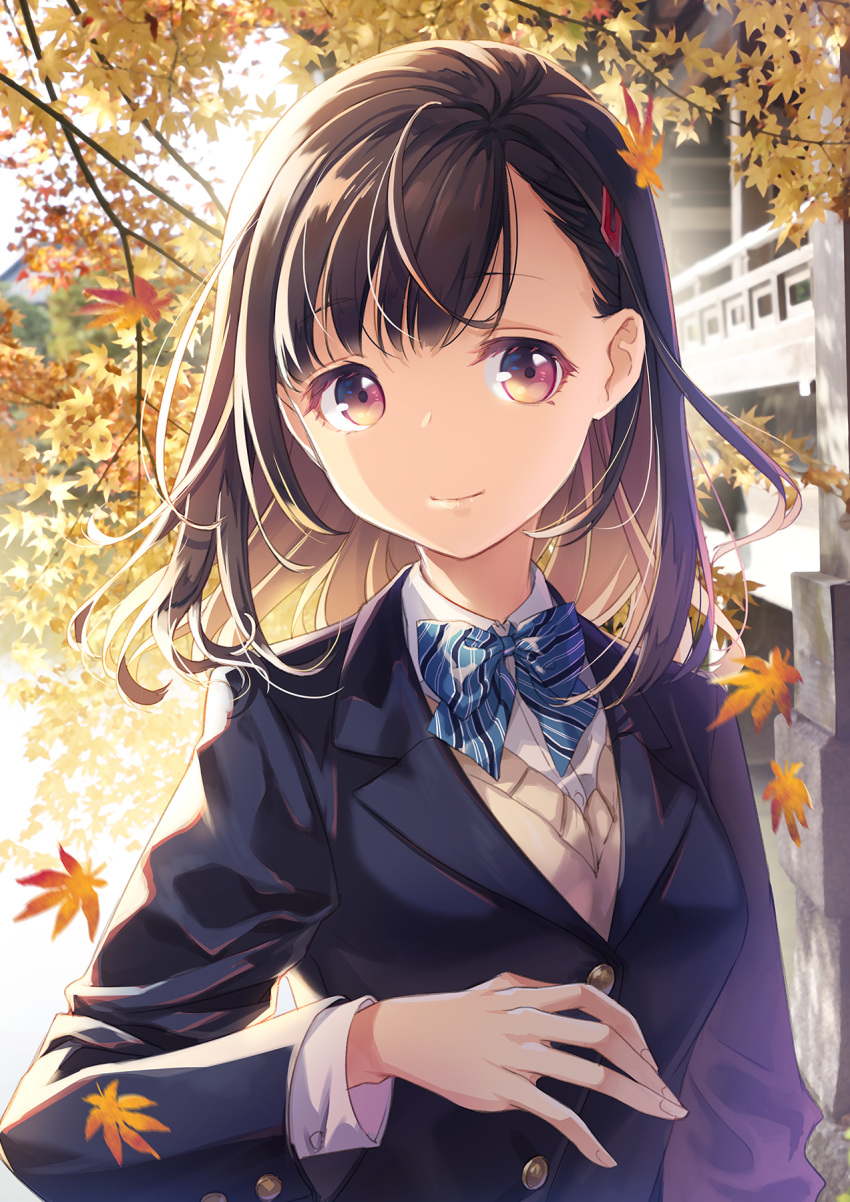 1girl ahoge autumn autumn_leaves black_hair black_jacket blazer blue_bow blue_neckwear bow bowtie breasts building closed_mouth commentary_request day eyebrows_visible_through_hair falling_leaves h2so4 hair_ornament hairclip hand_up highres jacket leaf long_hair long_sleeves looking_at_viewer motion_blur original outdoors purple_eyes school_uniform small_breasts smile solo striped striped_bow striped_neckwear sunlight upper_body