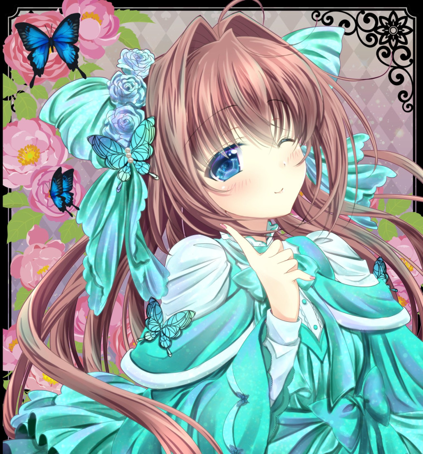 1girl ahoge asakura_otome blue_eyes blush bow brown_hair bug butterfly commentary_request da_capo da_capo_ii dress eyebrows_visible_through_hair floating_hair flower green_bow green_dress hair_between_eyes hair_bow hair_flower hair_intakes hair_ornament highres index_finger_raised insect kayura_yuka long_hair long_sleeves looking_at_viewer one_eye_closed smile solo upper_body