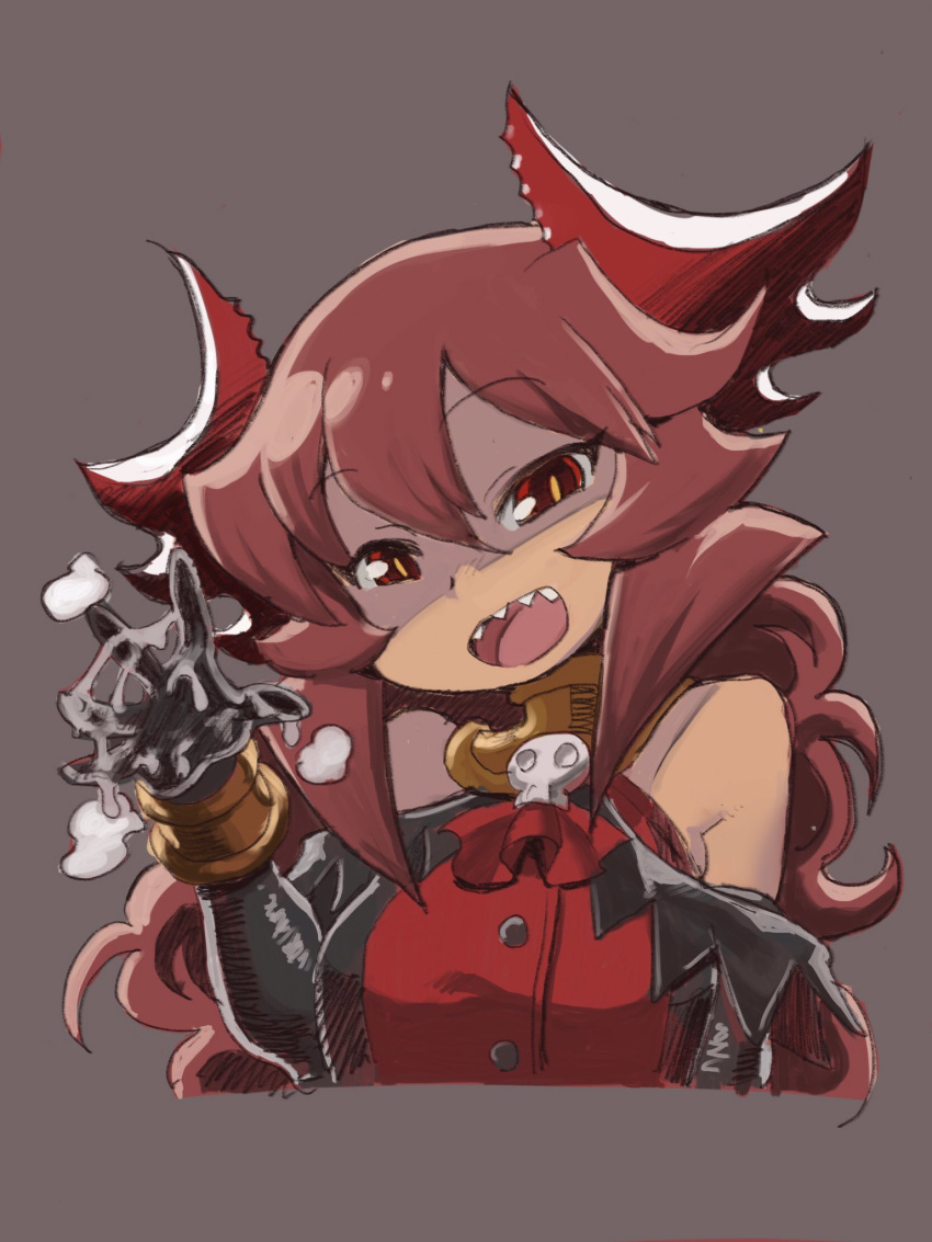 1girl black_gloves bracelet breasts cum cum_on_fingers curly_hair demon_girl demon_horns dress elbow_gloves gloves gorget hair_between_eyes highres horns jewelry long_hair maou_beluzel matsuda_yuusuke open_mouth red_dress red_eyes red_hair shaded_face sharp_teeth small_breasts smile solo teeth upper_body yuusha_to_maou