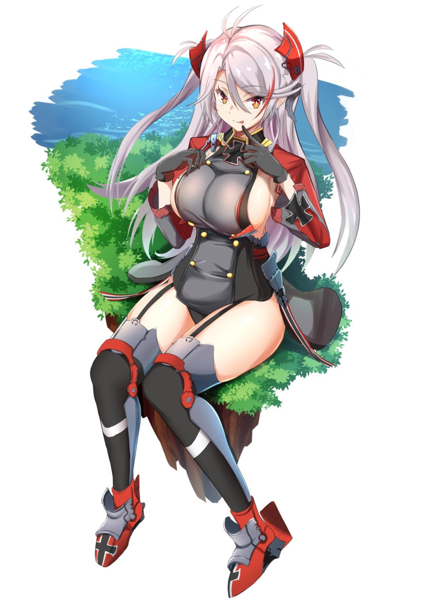 1girl :p antenna_hair azur_lane bangs black_gloves black_legwear black_panties blush bow breasts bright_pupils bush closed_mouth commentary double-breasted dress eyebrows_visible_through_hair finger_to_mouth full_body garter_straps gloves grey_dress hair_between_eyes hair_bow highres index_finger_raised iron_cross j.roswel large_breasts long_hair long_sleeves looking_at_viewer mole mole_on_breast multicolored_hair ocean orange_eyes outdoors panties pantyshot pantyshot_(sitting) prinz_eugen_(azur_lane) red_footwear red_hair short_twintails sideboob silver_hair sitting smile solo streaked_hair swept_bangs thighhighs tongue tongue_out twintails two-tone_hair two_side_up underwear very_long_hair