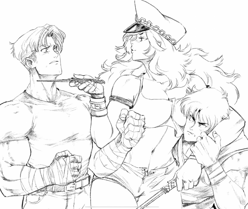 1girl 2boys 90s armlet bandaged_hands bandages big_hair boy_sandwich breast_press breasts clenched_hands cody_travers commentary david_liu dual_wielding english_commentary final_fight gai_(final_fight) hat height_difference highres holding knife knife_to_throat large_breasts male_focus midriff monochrome multiple_boys muscle navel ninja peaked_cap poison_(final_fight) riding_crop sandwiched short_shorts shorts sketch slender_waist strap_slip work_in_progress