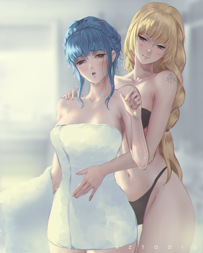 2girls absurdres azto_dio bandeau bathroom bikini black_bikini blonde_hair blue_hair blush braid breasts brown_eyes closed_mouth cowboy_shot crest fire_emblem fire_emblem:_three_houses french_braid green_eyes head_tilt highres ingrid_brandl_galatea long_hair marianne_von_edmund multiple_girls navel nipples nude open_mouth shoulder_tattoo single_braid smile stomach strapless strapless_bikini swimsuit tattoo towel towel_on_arm wet