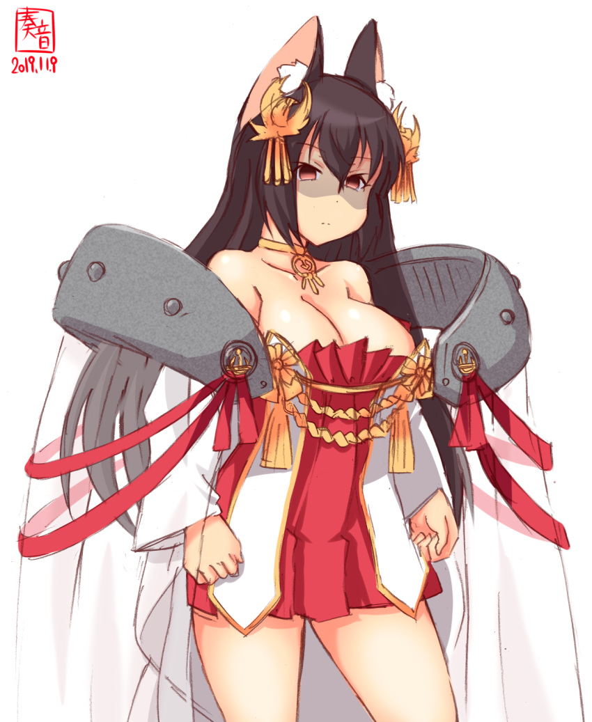 1girl alternate_costume animal_ear_fluff animal_ears artist_logo azur_lane bare_shoulders black_hair breasts cleavage collarbone commentary_request cosplay cowboy_shot dated dress fox_ears hair_ornament highres kanon_(kurogane_knights) kantai_collection large_breasts long_hair looking_at_viewer nagato_(azur_lane) nagato_(azur_lane)_(cosplay) nagato_(kantai_collection) namesake pleated_dress red_dress red_eyes shaded_face simple_background sleeveless sleeveless_dress solo standing strapless strapless_dress white_background