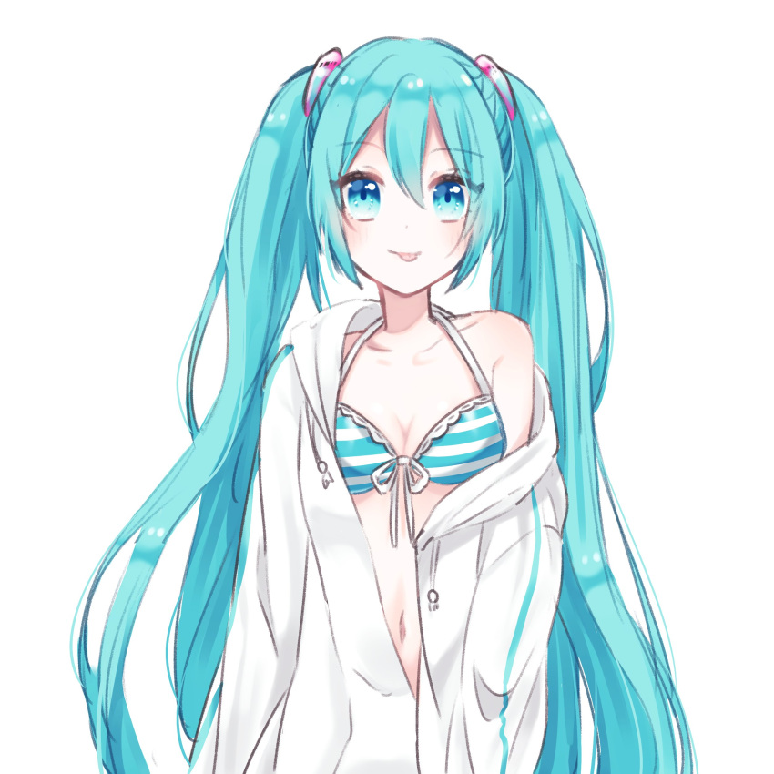 1girl :p absurdres aqua_eyes aqua_hair bikini bikini_top coat collarbone hatsune_miku highres hooded_coat long_hair looking_at_viewer mizuamemochimochi removing_coat smile solo standing striped_bikini_top swimsuit tongue tongue_out twintails upper_body very_long_hair vocaloid white_background