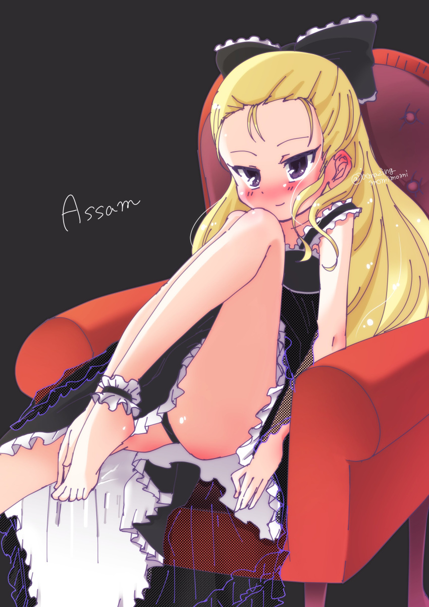 1girl absurdres ankle_cuffs armchair assam barefoot black_background black_bow black_dress black_panties blonde_hair blue_eyes blush bow chair character_name closed_mouth commentary dress frilled_bow frilled_cuffs frilled_dress frills girls_und_panzer hair_bow hair_pulled_back highres leaning_back leg_up legs long_hair medium_dress mmmm panties pantyshot pantyshot_(sitting) sitting sleeveless sleeveless_dress smile solo twitter_username underwear