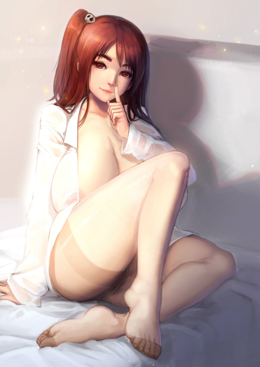 1girl absurdres areola_slip areolae arm_at_side bangs bed_sheet breasts brown_eyes brown_hair cleavage closed_mouth collarbone collared_shirt crotch_seam dead_or_alive dead_or_alive_5 dress_shirt eyelashes feet finger_to_mouth fingernails highres honoka_(doa) huge_breasts index_finger_raised indoors knee_up large_breasts legs lips long_hair long_sleeves looking_at_viewer magic_xiang no_bra nose on_bed open_clothes open_shirt paid_reward pantyhose patreon_reward see-through shirt shushing sitting sitting_on_bed sleeveless smile soles solo thighband_pantyhose toenails toes white_legwear white_shirt wing_collar