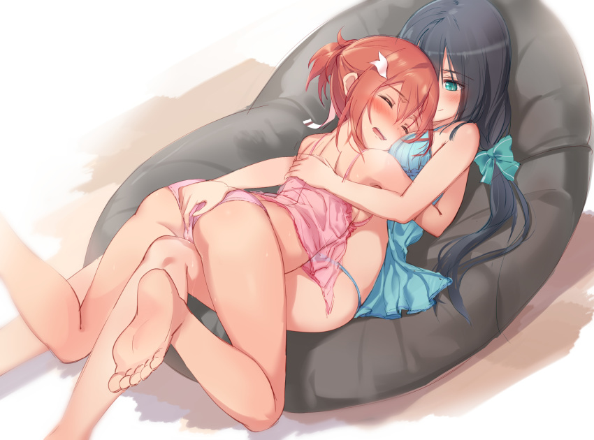 2girls aqua_bow ass barefoot black_hair blue_babydoll blue_panties blush bow breasts cameltoe closed_eyes feet fingering fingering_through_clothes fingering_through_panties hair_bow hair_ribbon head_on_chest highres hug looking_at_another michairu multiple_girls open_mouth panties pink_babydoll pink_panties print_bow print_ribbon red_hair ribbon skindentation smile soles through_clothes tougou_mimori underwear underwear_only white_ribbon yuri yuuki_yuuna yuuki_yuuna_wa_yuusha_de_aru yuusha_de_aru