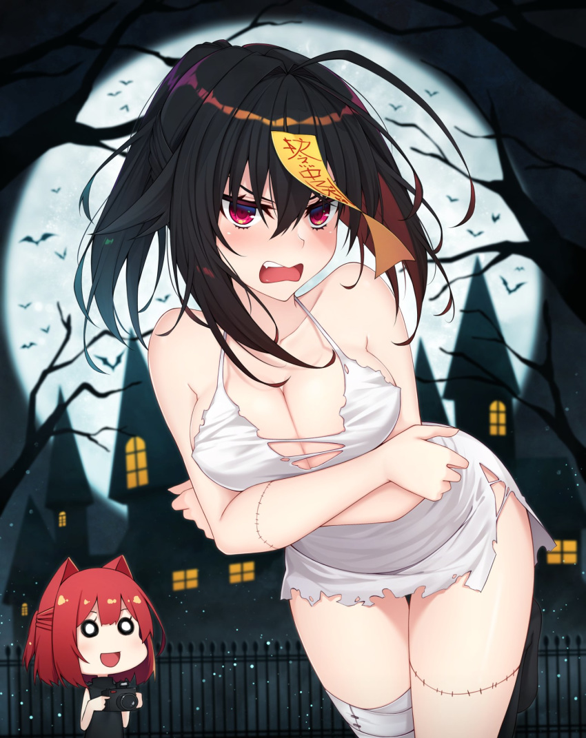 2girls :d angry arms_under_breasts bare_shoulders bat black_hair blurry blurry_background breasts camera castle cleavage collarbone commentary cowboy_shot english_commentary fang fence full_moon halloween healther highres large_breasts leaning_forward looking_at_viewer medium_hair moon multiple_girls night o_o ofuda open_mouth original outdoors ponytail red_eyes red_hair smile solo_focus stitches thigh_gap torn_clothes