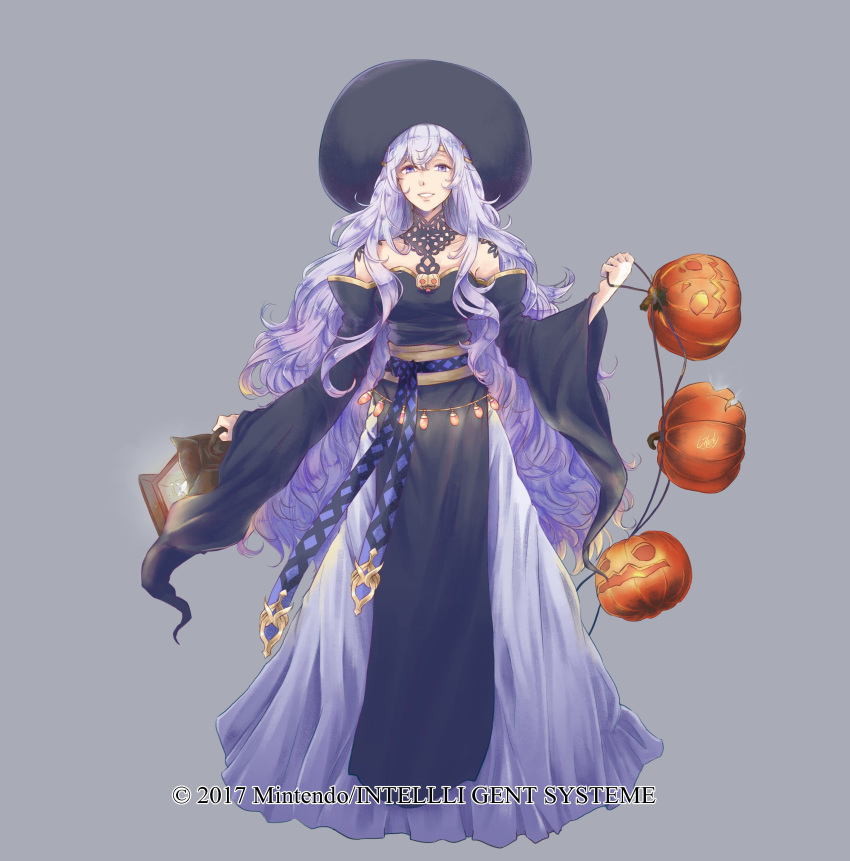 1girl absurdres deirdre_(fire_emblem) dress fire_emblem fire_emblem:_genealogy_of_the_holy_war full_body halloween_costume hat highres holding jack-o'-lantern lantern lithety long_hair long_sleeves parted_lips purple_eyes purple_hair solo wide_sleeves witch_hat