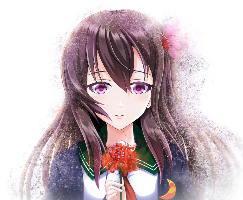 1girl blue_jacket breasts brown_eyes brown_hair crescent crescent_moon_pin disintegration eyebrows_visible_through_hair flower gradient gradient_background green_sailor_collar hair_between_eyes highres hood hoodie jacket kantai_collection kisaragi_(kantai_collection) light_smile lips long_hair long_sleeves looking_at_viewer open_clothes purple_eyes remodel_(kantai_collection) ribbon sailor_collar school_uniform shirt small_breasts solo spider_lily tk8d32 upper_body white_background white_shirt
