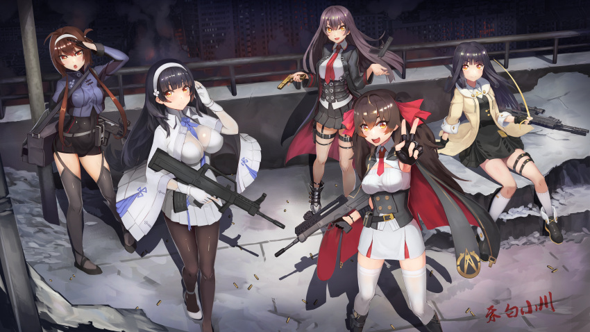 5girls absurdres assault_rifle breasts bridge bullpup fingerless_gloves girls_frontline gloves gun hebai_xiaochuan highres huge_filesize jacket large_breasts long_hair multiple_girls necktie nz_75 nz_75_(girls_frontline) prosthesis prosthetic_arm qbu-88 qbu-88_(girls_frontline) qbz-95 qbz-95_(girls_frontline) qbz-97 qbz-97_(girls_frontline) rifle shadow siblings signature sisters socks thighhighs twintails type_79_(girls_frontline) type_79_smg victory_pose weapon