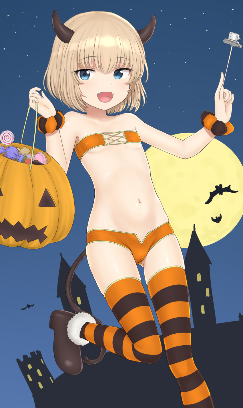 1girl absurdres armpit_peek bat bikini blonde_hair blue_eyes blush breasts cameltoe candy collarbone demon_horns demon_tail eyebrows_visible_through_hair fake_horns fang food girls_und_panzer halloween halloween_basket halloween_costume highres horns katyusha navel night night_sky nyarukac open_mouth orange_bikini pumpkin shiny shiny_hair short_hair sky small_breasts smile solo star_(sky) starry_sky striped striped_legwear swimsuit tail thighhighs