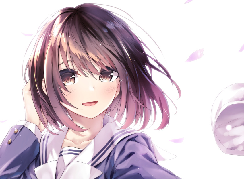 1girl :d bangs blazer brown_eyes brown_hair collarbone floating_hair hand_in_hair jacket katou_megumi long_sleeves looking_at_viewer open_mouth portrait saenai_heroine_no_sodatekata sahara386 sailor_collar shiny shiny_hair short_hair simple_background smile solo swept_bangs white_background white_sailor_collar