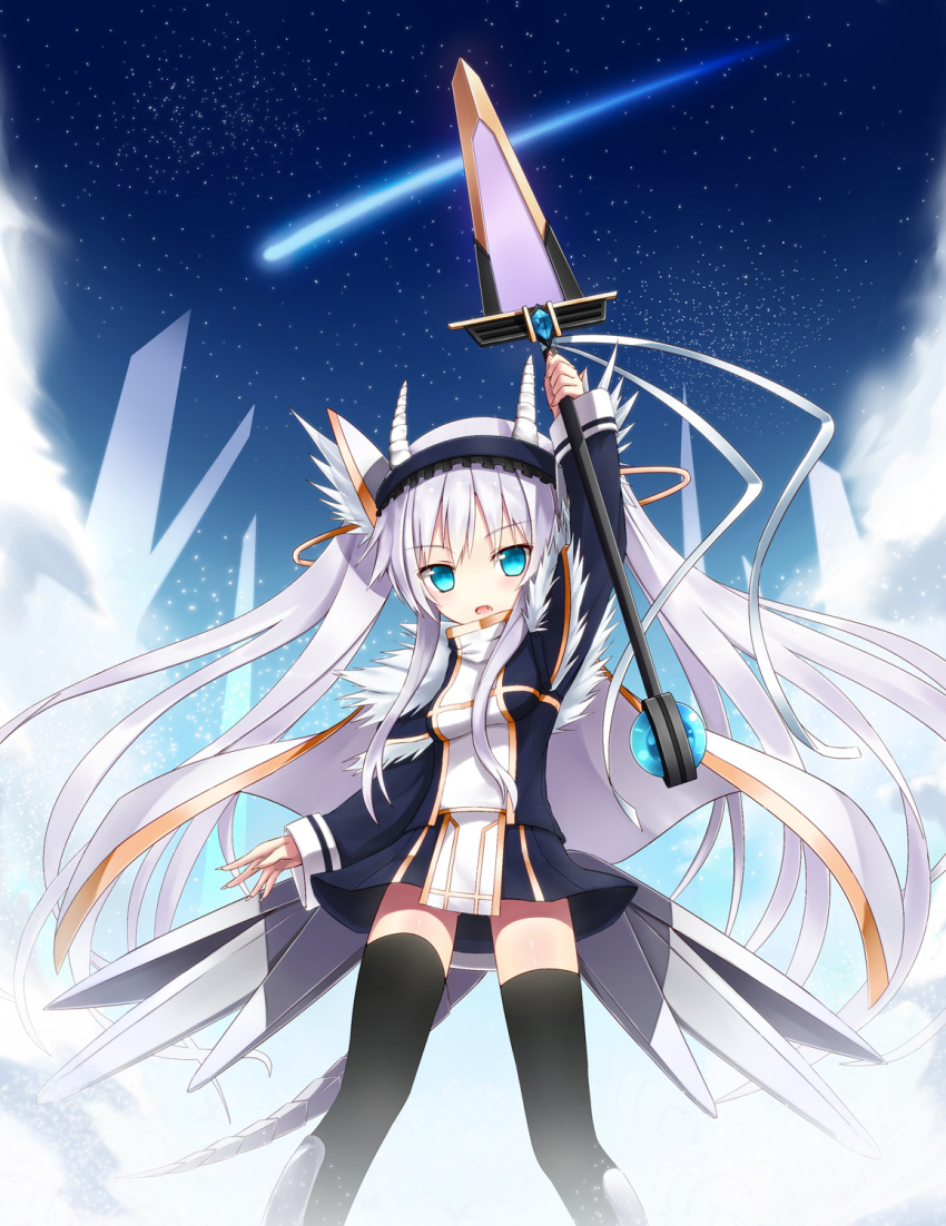 1girl blue_eyes dragon_girl dragon_tail eyebrows_visible_through_hair fangs highres monster_girl original shooting_star shuuichi_(gothics) sky slit_pupils solo tail thighhighs weapon white_hair zettai_ryouiki