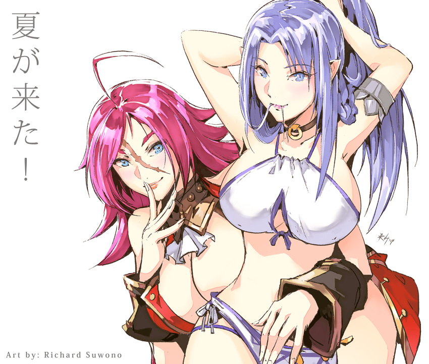 2girls adjusting_hair ahoge alternate_breast_size armlet artist_name bikini blue_eyes blue_hair breasts caster choker cleavage english_commentary facial_scar fate/grand_order fate_(series) francis_drake_(fate) hair_in_mouth huge_breasts leaning_forward long_hair multiple_girls pixiv_fate/grand_order_contest_2 pointy_ears purple_hair richard_suwono scar swimsuit translation_request very_long_hair white_background white_bikini