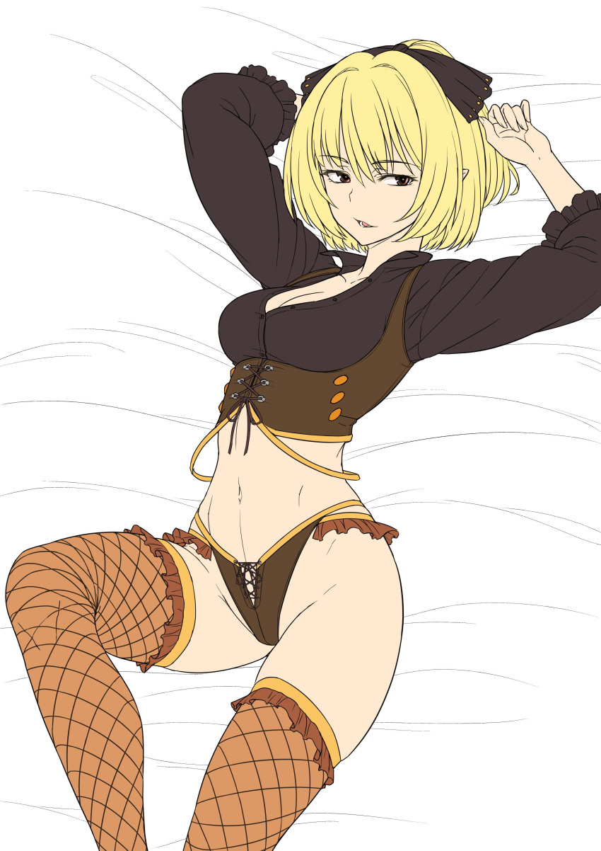 1girl absurdres adapted_costume bed_sheet blonde_hair boots breasts brown_eyes brown_panties brown_shirt brown_vest cleavage commentary_request crotch_seam fishnet_legwear fishnets flat_color frilled frilled_boots frilled_panties frills groin highleg highleg_panties highres kakone kurodani_yamame light_smile looking_at_viewer lying medium_breasts midriff multi-strapped_panties navel no_pants on_back on_bed panties parted_lips pointy_ears shirt short_hair solo thigh_boots thighhighs touhou underwear vest