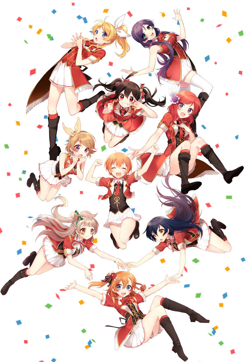 6+girls absurdres ayase_eli bangs black_hair blonde_hair blue_eyes blue_hair bokura_no_live_kimi_to_no_life bow everyone floating full_body green_eyes grey_hair hair_between_eyes hair_bow hair_ribbon highres hoshizora_rin koizumi_hanayo kousaka_honoka long_hair love_live! love_live!_school_idol_project minami_kotori multiple_girls nishikino_maki one_side_up orange_hair ponytail purple_eyes purple_hair red_eyes red_hair ribbon sakura_yuki_(clochette) scrunchie short_hair simple_background sonoda_umi toujou_nozomi twintails white_background white_scrunchie yazawa_nico yellow_eyes