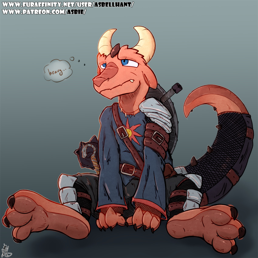 1:1 2019 3_toes armor asbel_lhant belt blue_eyes bottomwear chainmail chime claws cleric clothed clothing dragon feet fully_clothed hi_res horn invalid_tag kobold lizard mace male melee_weapon pants reptile scalie shield simple_background sitting snout solo toes valus_the_kobold weapon