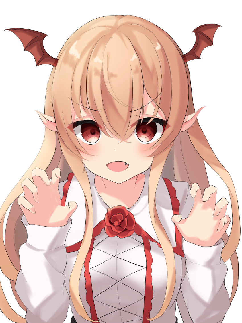 1girl :d absurdres bangs bat_wings blush breasts claw_pose collared_shirt eyebrows_visible_through_hair fang flower frilled_shirt_collar frills hair_between_eyes hands_up head_wings highres light_brown_hair long_hair long_sleeves mizu_(lzzrwi603) open_mouth pointy_ears red_eyes red_flower red_rose red_wings rose shadowverse shirt sidelocks simple_background sleeves_past_wrists small_breasts smile solo upper_body vampy white_background white_shirt wings