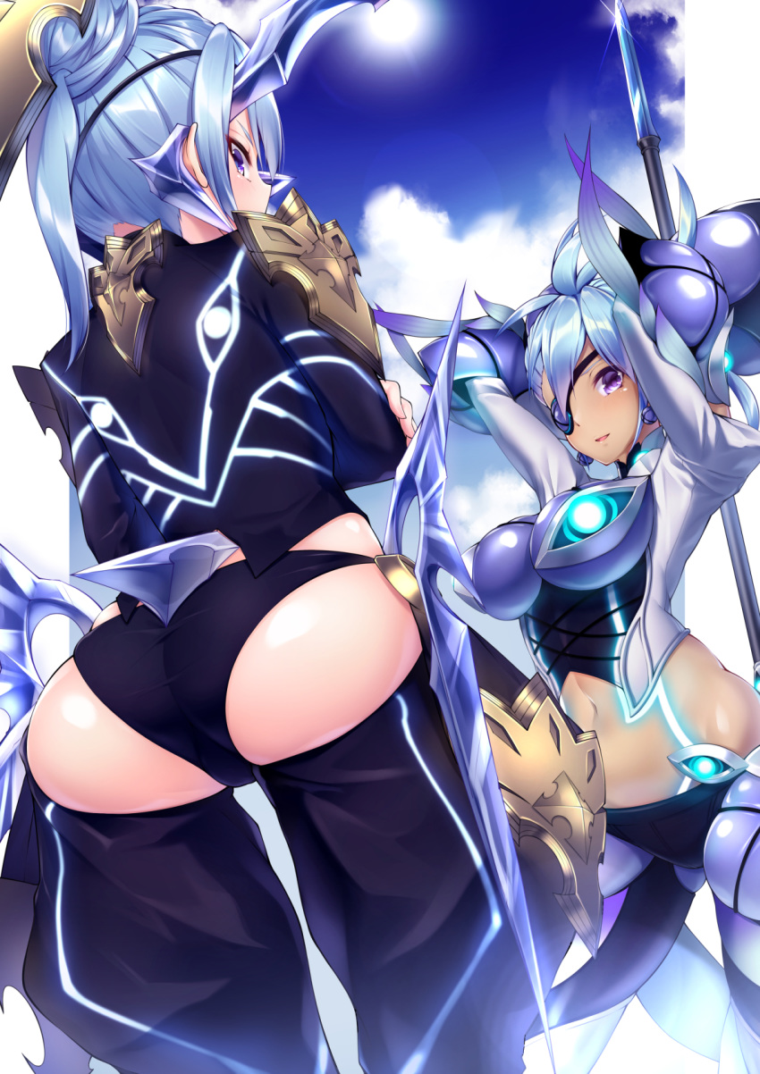 2girls armor ass blue_eyes blue_hair blush breasts dark_skin eyepatch gloves highres horn large_breasts long_hair looking_at_viewer mikumari_(xenoblade) multiple_girls navel open_mouth panties pauldrons polearm seori_(xenoblade) short_hair simple_background smile takatun223 underwear weapon xenoblade_(series) xenoblade_2