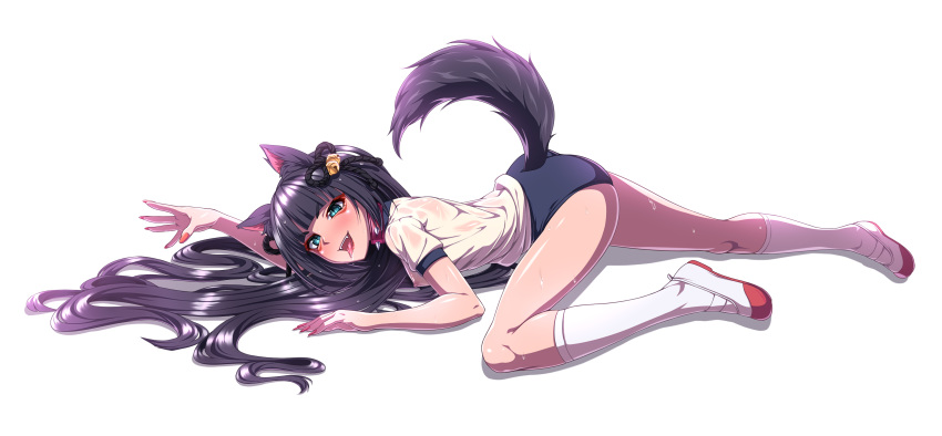 1girl absurdres animal_ears bell black_hair blue_eyes blush breasts buruma collar fangs gym_uniform hair_bell hair_ornament highres horarezonu long_hair lying master_of_epic nipples on_stomach open_mouth see-through shirt slit_pupils small_breasts solo spiked_collar spikes sweat tail tongue tongue_out wet wet_clothes wet_shirt