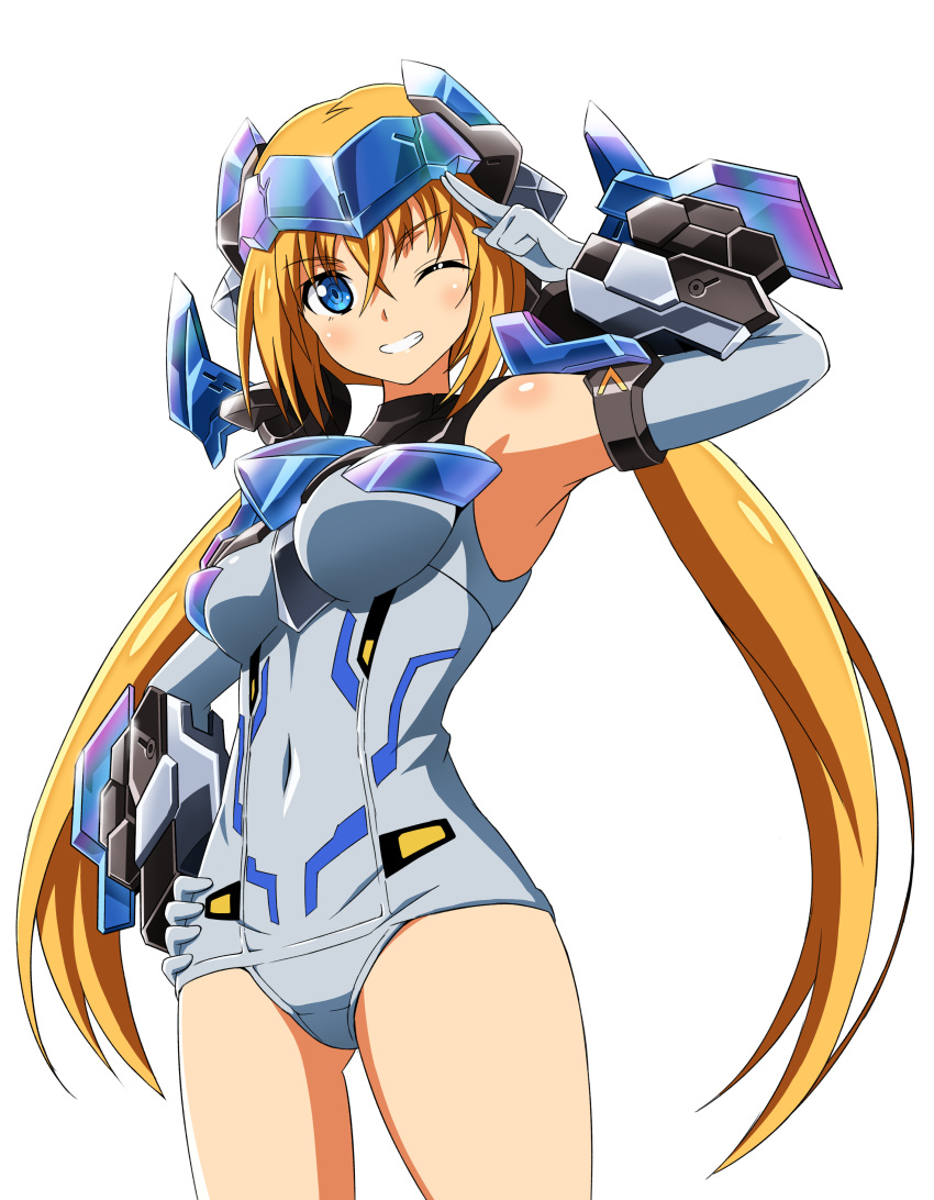 1girl absurdres armpits bare_shoulders blonde_hair blue_eyes breasts commentary_request elbow_gloves frame_arms_girl gloves grin hair_between_eyes hand_on_hip headgear highres hresvelgr_ater kumichou_(ef65-1118-ef81-95) long_hair looking_at_viewer low_twintails mecha_musume medium_breasts one_eye_closed school_swimsuit smile solo swimsuit thighs twintails very_long_hair white_background white_gloves white_school_swimsuit white_swimsuit