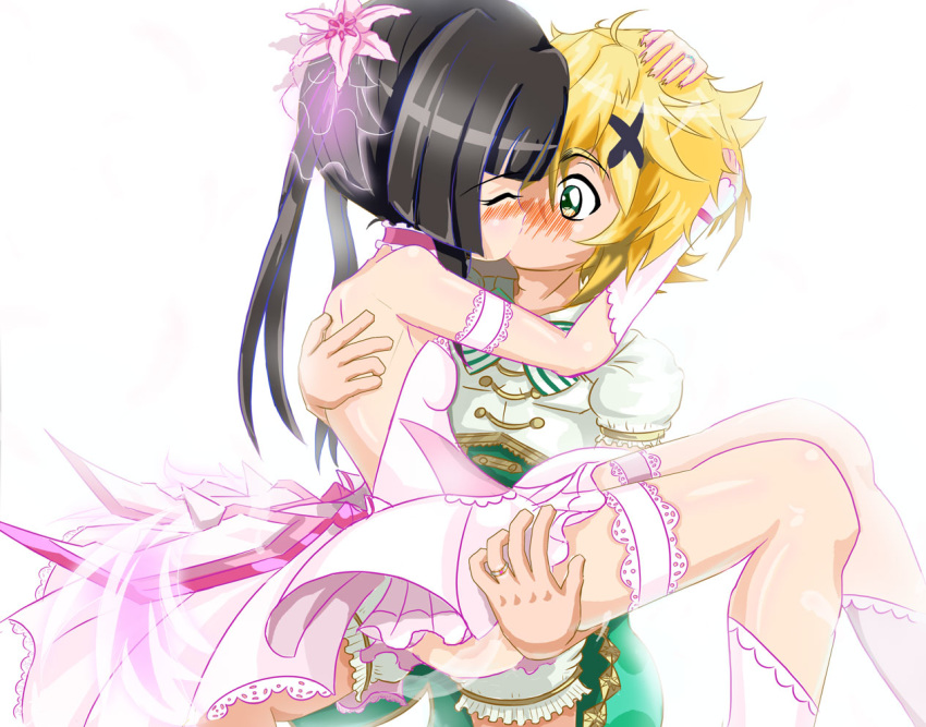 2girls akatsuki_kirika bare_shoulders black_hair blonde_hair blush breasts carrying closed_eyes dress eyebrows_visible_through_hair flower green_eyes hair_flower hair_ornament hairclip kirishira_doumei kiss kneehighs long_hair multiple_girls pink_dress pink_legwear princess_carry senki_zesshou_symphogear shiny shiny_hair shiny_skin short_hair simple_background small_breasts tsukuyomi_shirabe twintails white_background yuri