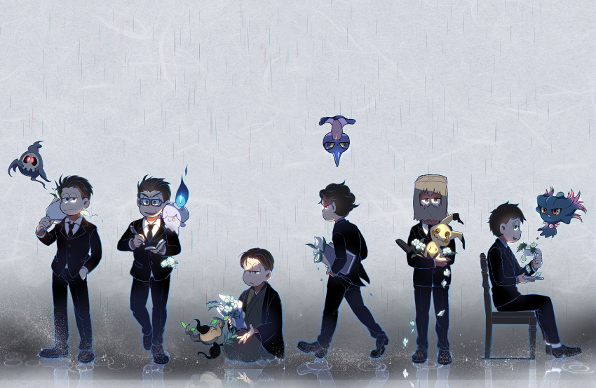 6+boys bag black-framed_eyewear black_footwear black_jacket black_neckwear black_pants book bouquet brothers brown_hair carrying_over_shoulder carrying_under_arm child_carry chrysanthemum collared_shirt covered_mouth creature_on_shoulder crossover cup duskull floating flower formal frown gen_2_pokemon gen_3_pokemon gen_5_pokemon gen_6_pokemon gen_7_pokemon giving glasses grey_background hand_in_pocket highres holding holding_book holding_cup holding_pen in_pocket jacket japanese_clothes jitome kimono lily_(flower) litwick long_sleeves looking_at_viewer male_focus matsuno_choromatsu matsuno_ichimatsu matsuno_juushimatsu matsuno_karamatsu matsuno_osomatsu matsuno_todomatsu mimikyu misdreavus multiple_boys necktie osomatsu-kun osomatsu-san outstretched_hand pant_suit pants paper_bag pen phantump pokemon pokemon_(creature) profile rain reflective_floor saucer seiza sextuplets shade shirt shoes shuppet siblings sitting smile socks standing suit teacup v-shaped_eyebrows walking white_flower white_shirt writing yurauno_yurau
