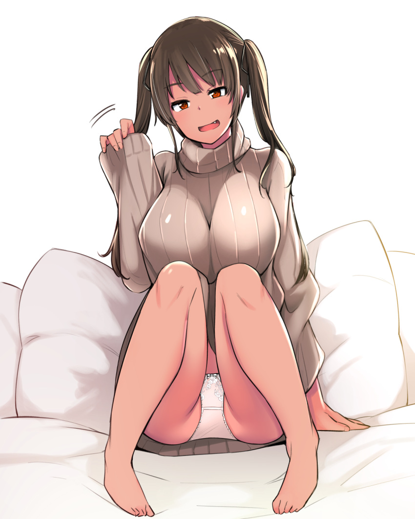 1girl ass_visible_through_thighs barefoot black_ribbon breasts brown_eyes brown_hair dark_skin fang full_body hair_ribbon highres ippongui large_breasts looking_at_viewer original pillow ribbed_sweater ribbon sidelocks simple_background solo sweater turtleneck turtleneck_sweater twintails white_background