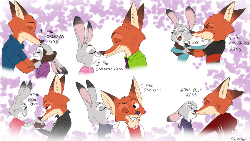 abstract_background absurd_res anthro black_nose bodily_fluids brown_body brown_fur buckteeth canid canine clothed clothing dipstick_ears disney duo english_text eyes_closed fox fur gloves_(marking) grey_body grey_fur grin hi_res hoodie inner_ear_fluff judy_hopps kissing lagomorph leporid mammal markings multicolored_ears nick_wilde one_eye_closed open_mouth open_smile orange_body orange_fur quirky-middle-child rabbit red_fox saliva saliva_string shirt smile teeth text tongue topwear tuft zootopia