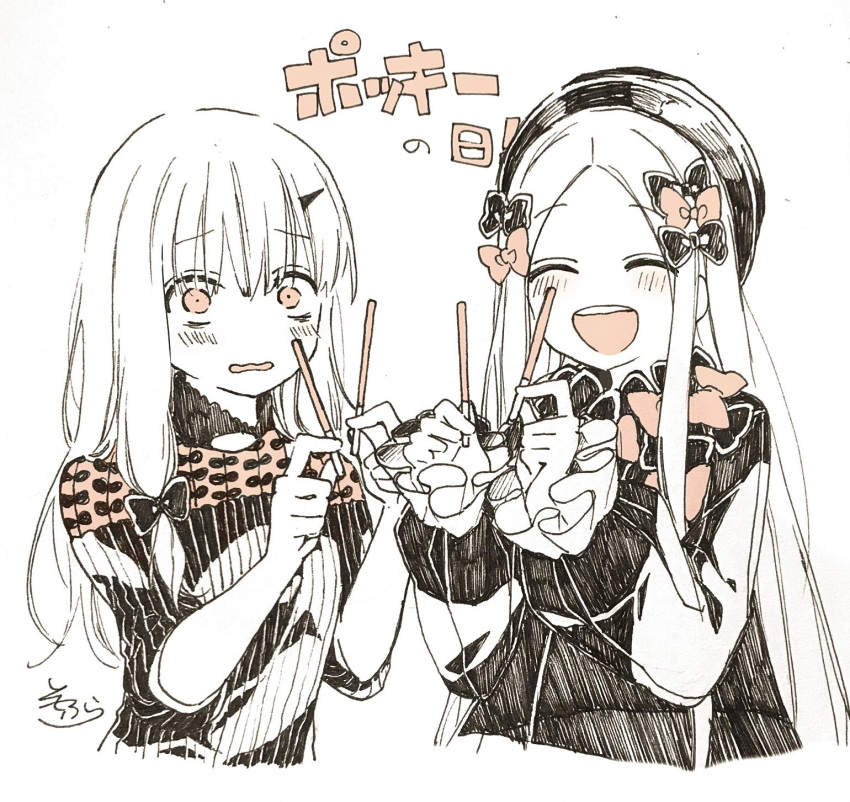 2girls :d ^_^ abigail_williams_(fate/grand_order) bangs blush bow closed_eyes commentary_request cropped_torso dress eyebrows_visible_through_hair fate/grand_order fate_(series) food forehead hair_bow hat highres holding holding_food lavinia_whateley_(fate/grand_order) long_sleeves multiple_girls open_mouth orange_bow orange_eyes parted_bangs partially_colored pocky_day puffy_long_sleeves puffy_sleeves signature simple_background sleeves_past_wrists smile sofra traditional_media translated upper_body upper_teeth wavy_mouth white_background