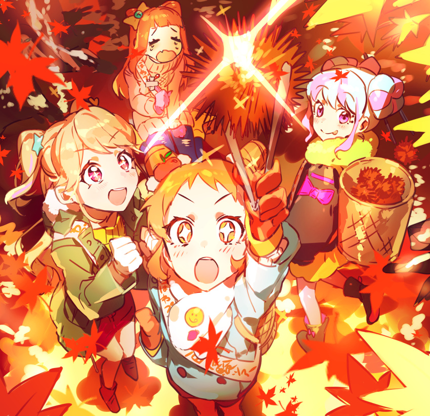 +_+ 4girls :d :o :p aikatsu! aikatsu!_(series) aikatsu_on_parade! aikatsu_stars! apple apple_hair_ornament arisugawa_otome arm_up autumn autumn_leaves bangs bell blunt_bangs blush boots bow clenched_hands coat commentary_request crying denim double_bun falling_leaves fang food food_themed_hair_ornament from_above fruit fur-trimmed_jacket fur_trim gloves hair_bow hair_ornament hanazono_kirara highres jacket jeans jingle_bell leaf lens_flare light_blue_hair light_brown_hair long_hair looking_at_viewer maple_leaf multicolored_hair multiple_girls natsuki_mikuru open_mouth orange_hair pants pink_hair saotome_ako scarf short_hair sitting skin_fang smile smiley_face star star_hair_ornament streaked_hair sweater symbol-shaped_pupils t_t tears tongue tongue_out translation_request turtleneck turtleneck_sweater two_side_up upper_teeth v-shaped_eyebrows wariza wattaro