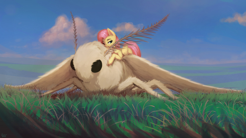 16:9 2019 arthropod cloud duo equid equine female feral fluttershy_(mlp) friendship_is_magic grass hair hi_res insect insect_wings lepidopteran lepidopteran_wings mammal moth my_little_pony outside pterippus quvr riding sky venezuelan_poodle_moth wings