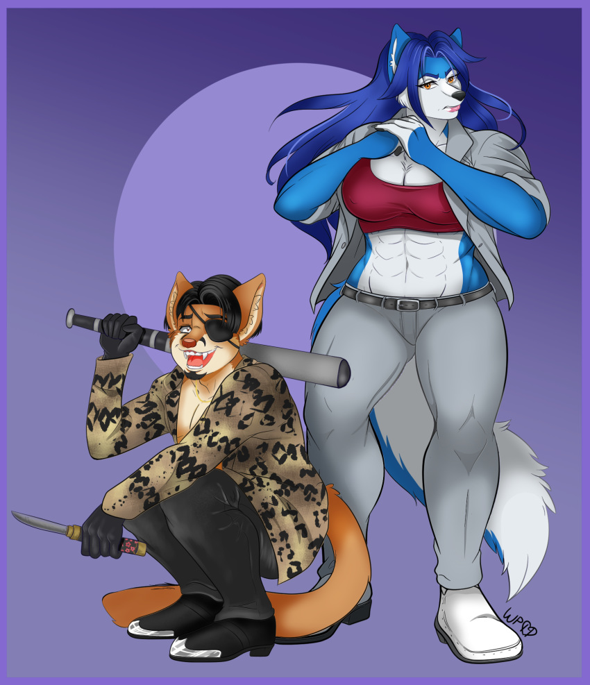 2019 abs anthro baseball_bat bat_(object) belt big_breasts blue_hair bottomwear bra breasts canid canine canis catsmeow cleavage clothed clothing cosplay cougar crazed_look eye_patch eyewear facial_hair fangs felid feline female fur gloves goro_majima hair handwear hi_res hopey kazuma_kiryu kneeling knife larger_female long_hair male mammal multicolored_body multicolored_fur muscular muscular_female open_mouth pants randochris_(character) short_hair size_difference snakeskin sports_bra suit thick_thighs tight_clothing two_tone_body two_tone_fur underwear wolf yakuza_(series)