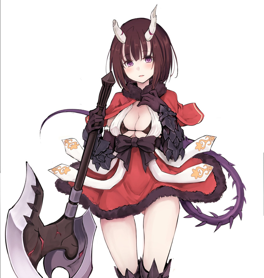 +_+ 1girl ass ass_visible_through_thighs axe battle_axe black_bra black_gloves blush bra breasts broken_horn capelet demon_tail fur-trimmed_capelet fur-trimmed_skirt fur_trim gauntlets gloves hair_color_request highres holding holding_axe holding_weapon horns kuraishi_eriko looking_at_viewer medium_breasts princess_connect! princess_connect!_re:dive purple_eyes red_capelet ribbon short_hair simple_background solo spiked_tail tail tatsuhiko thigh_gap underwear weapon white_background