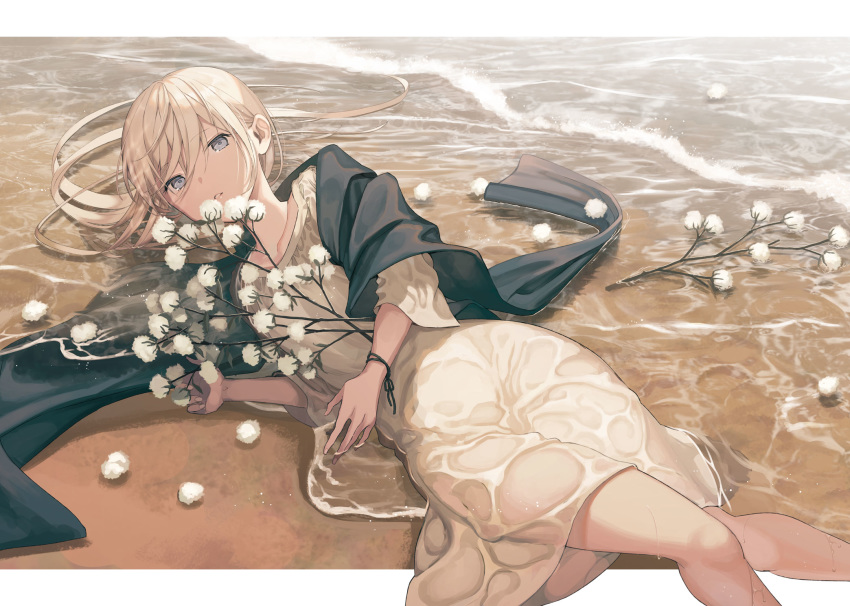 1girl bangs beach black_jacket blonde_hair blue_eyes collarbone dress eyebrows_visible_through_hair feet_out_of_frame highres jacket jacket_on_shoulders kururi long_hair looking_back lying on_back on_ground original panties ponytail ribbon sand smile solo underwear water wet wet_clothes wet_dress white_dress wrist_ribbon