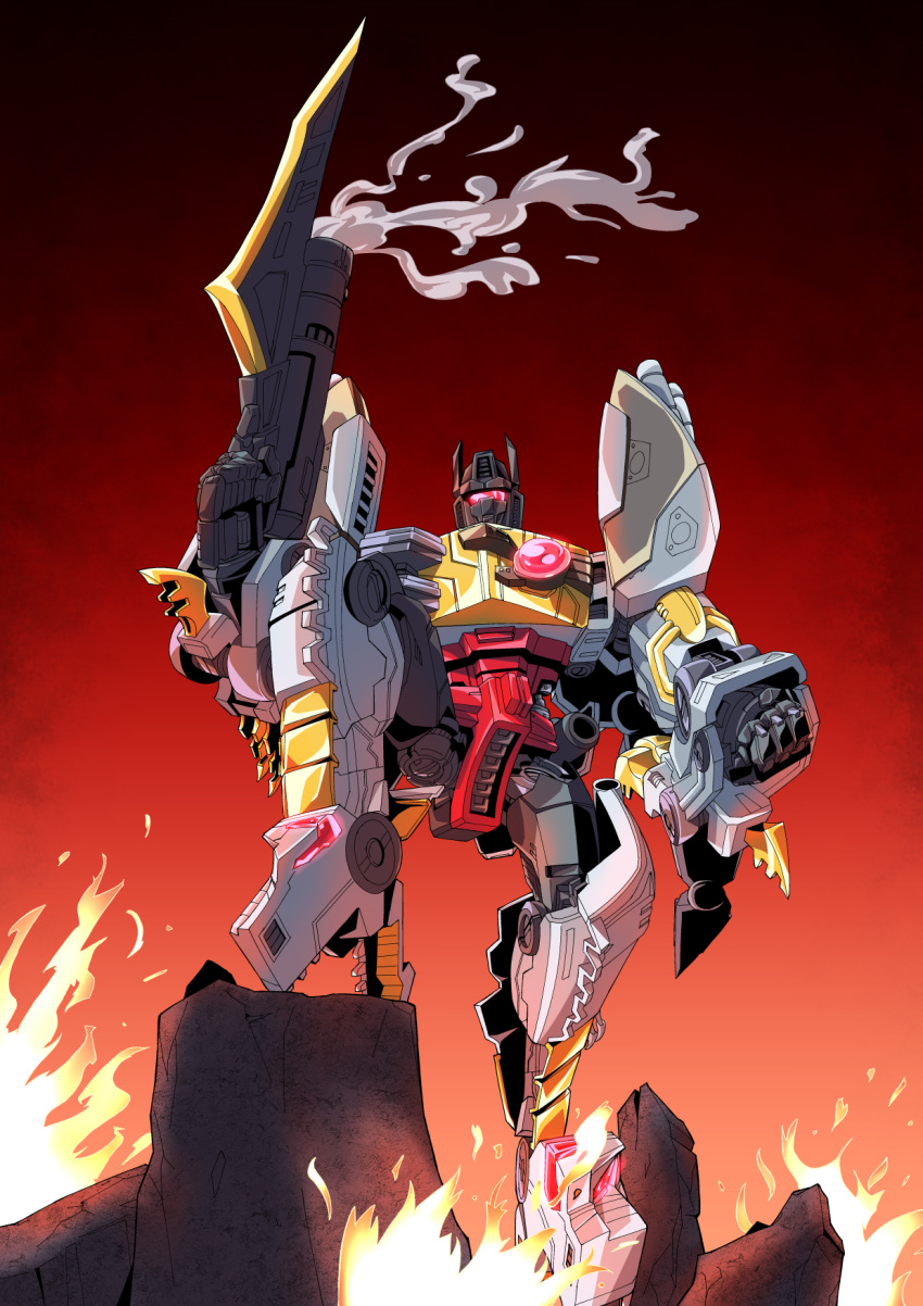 2019 4_fingers alien autobot cybertronian digital_media_(artwork) dinobot_(species) dinosaur fingers fire fist grimlock gun handgun hi_res holding_object holding_weapon humanoid looking_at_viewer machine one_leg_up qhon raised_leg ranged_weapon red_background red_eyes reptile robot scalie simple_background smoke standing theropod transformers tyrannosaurid tyrannosaurus tyrannosaurus_rex weapon